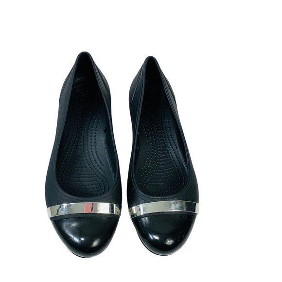 Crocs Slip On Ballet Flats Shoes Size 8 Matte Black Mirror Cap Toe Comfort - Picture 2 of 12